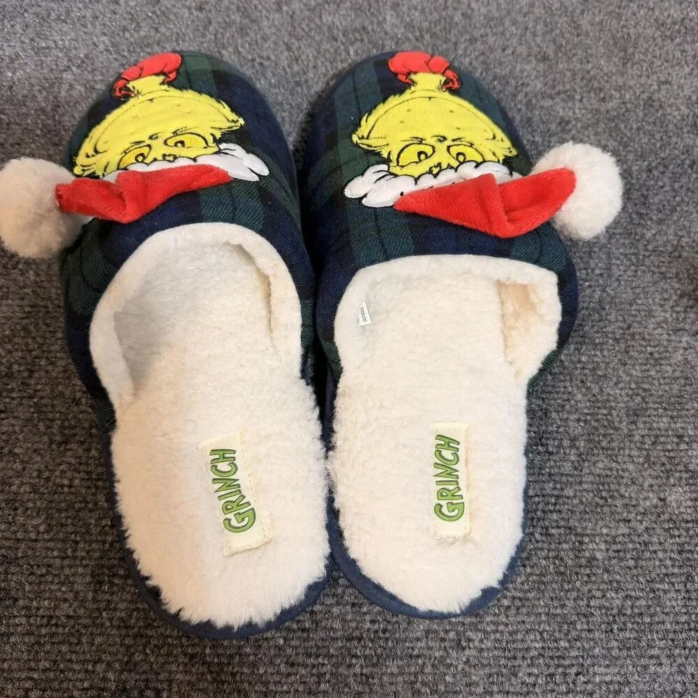Grinch Slippers Mens Size 10 Blue Plaid Christmas Mule Faux Fur Santa Dr Seuss